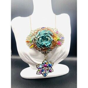 Extravagant Ornate Peony Rhinestone Bronze Tassel Bib Artisan Made Necklace 16"